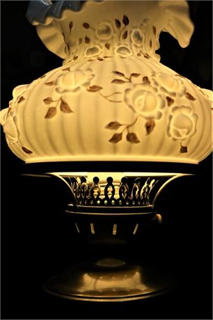 Ruffled Style White , Floral Hurricane Globe Lamp on a Bronzed Base