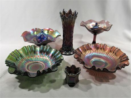 8 Piece Glass Lot, mostly Iridescent/Carnival Glass Lot