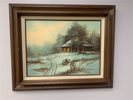 Van Bell, Signed Original Oil on Canvas Cabin Winter Scene Framed