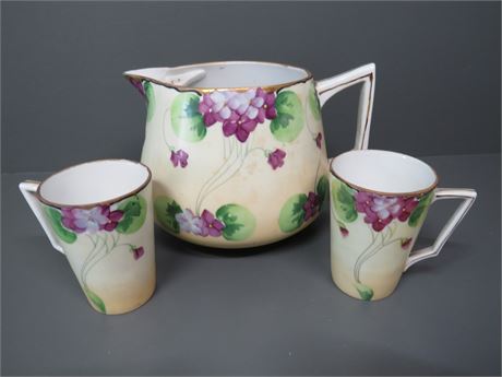 NIPPON Hand-Painted Porcelain Pitcher w/2 Mugs