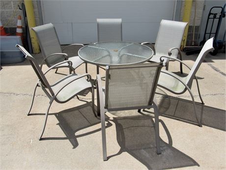 Glass Top Patio Table with 6 Aluminum and Mesh Fabric Chairs