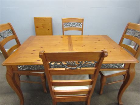 Oak Style Dining Table and Chairs, with Metal Leaf Inserts