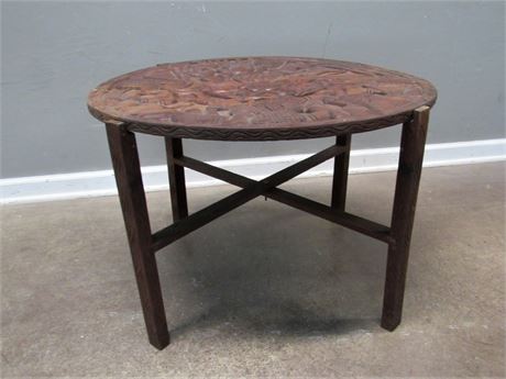 Carved Wood Side/Coffee Table with Folding Base