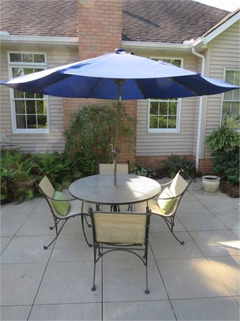 Wrought Iron Patio Dining Set w/LED Solar Lighted Umbrella