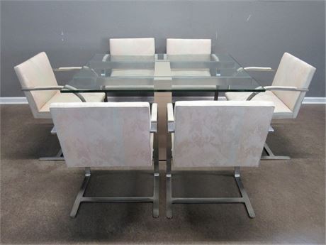 Mid Century Glass/Brushed Aluminum Cubist Dining Table & Chairs - Vladimir Kagan
