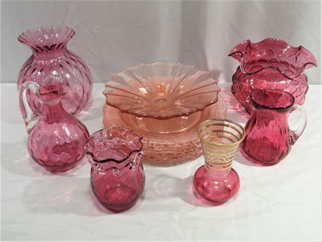 Pink Depression Glass and Cranberry Colored Glass - 14 Piece Vintage Glass Lot