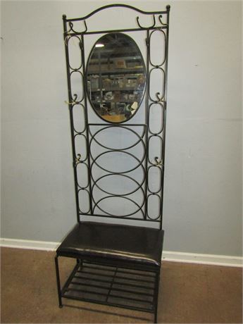 Black Metal Entry-way Coat Rack with Mirror and Cushion
