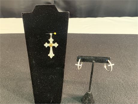 Sterling Silver and 10Kt Gold Cross and Rhodium Cross Earrings