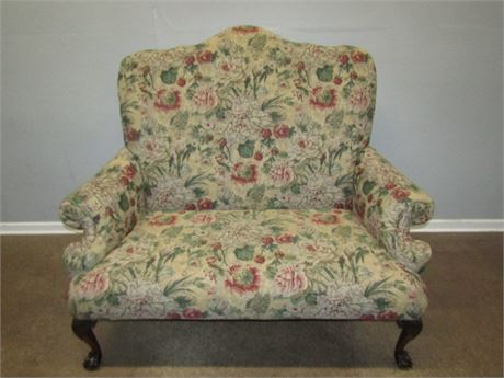Vintage Queen Anne Style Curled Arm Chair, Pastel Floral Pattern