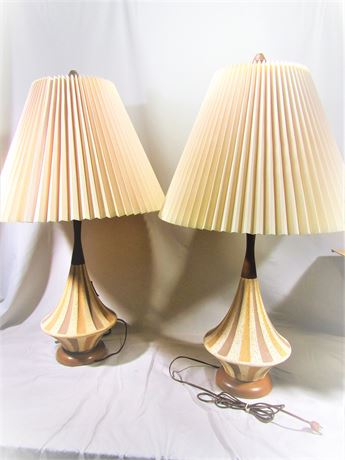 Mid-Century Ceramic Lamps and Shades, Set of 2 with wood Base