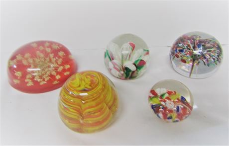 Vintage Glass Paperweights, Round with Speckled and Floral Design
