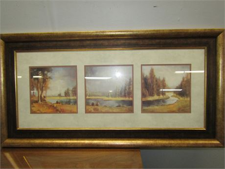 3 Section "Flowing River" Framed Print in Gold and Browns