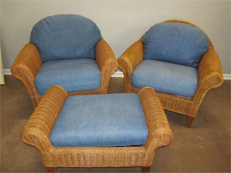 3 Piece Wicker Patio Set with Blue Soft Cushions