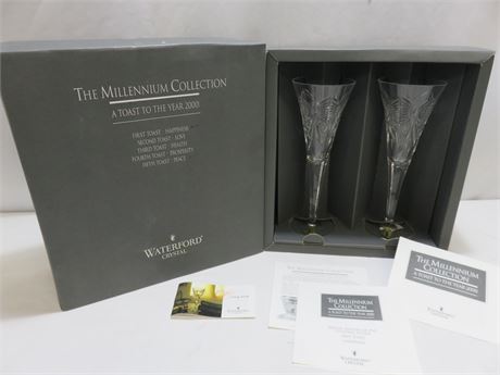 WATERFORD Crystal Millennium Collection Toasting Flutes -First Toast "Happiness"