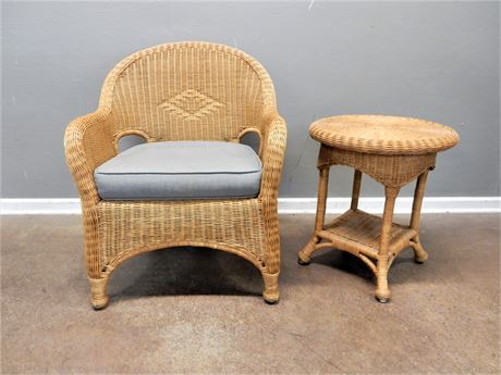 Authentic Wicker Patio/Sunroom Chair and Side Table