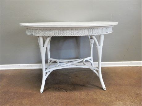 White Wicker Oval Shaped Wood Top Table