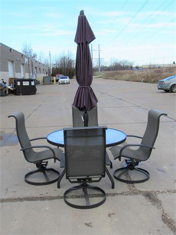 Glass Top Patio Table with 4 Mesh Fabric Swivel Chairs and an Umbrella