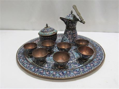 Rare Vintage Middle East Enamel on Copper/Cloisonne Tea Service