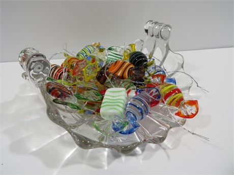 Decorative Art Glass Ornamental Hard Candies w/Bowl