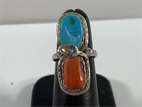 Sterling Silver Navajo Turquoise Coral Signed Effie Calavasa Ring
