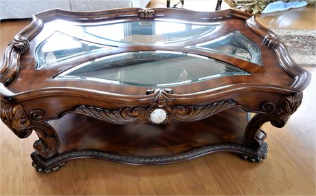 Mahogany Coffee Table with Glass Top on Casters