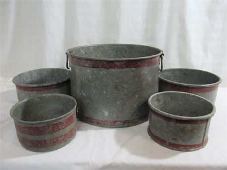 5 Vintage Galvanized Red Striped Buckets