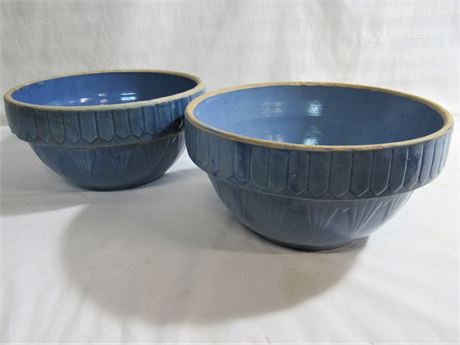 2 Vintage Blue Stoneware Picket Fence Mixing Bowls.