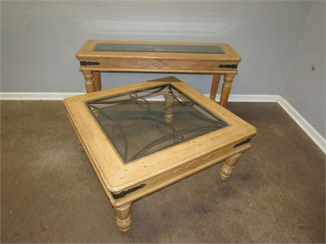Set of Two Rustic Coffee and Sofa Tables, Glass Insert Tops in Natural Wood