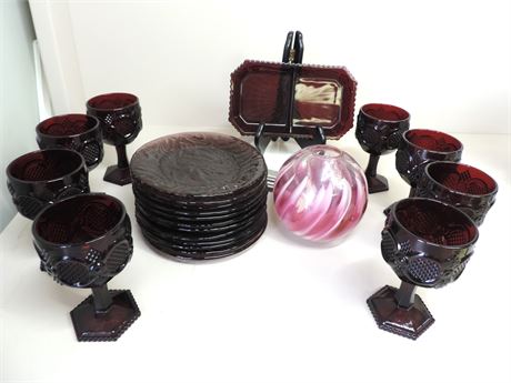 Cranberry Wine Goblets / Vase / Plates