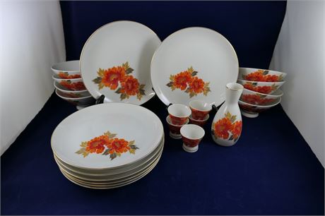 Japan Red & Orange Floral Saki Set with Bowls & Plates Lot