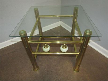Gold Base End Table with Glass Top, 1980's Style