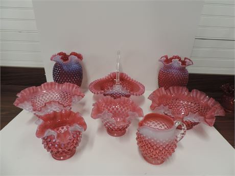Vintage HOBNAIL Raspberry Vases / Basket / Bowls