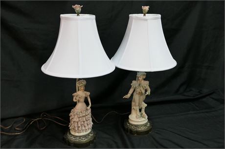Figural Dresden Lace, Boudoir Porcelain Electric Lamp Male/Female Pair, 1920's