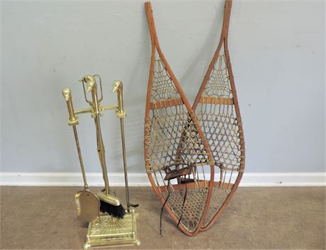 Vintage Wooden Snowshoes / Brass Style Fireplace Accessories