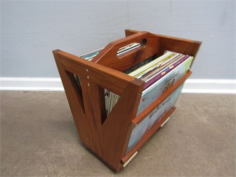 VINTAGE WOOD RACK RECORD HOLDER WITH HANDLE WITH RECORDS