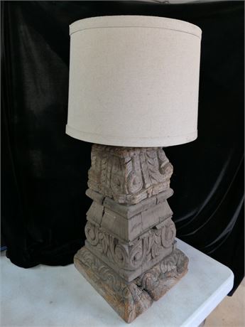 Distressed Carved Wood Lamp with Indigenous Design