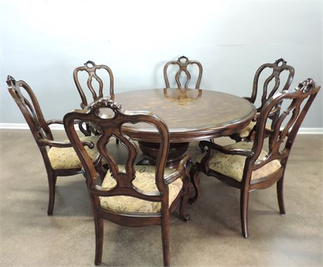 Solid Wood Round Pedestal Dining Table / 6 Captain Chairs