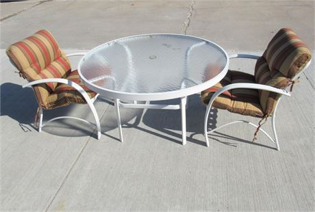 Glass Top Patio Table and 2 Chairs with Cushions
