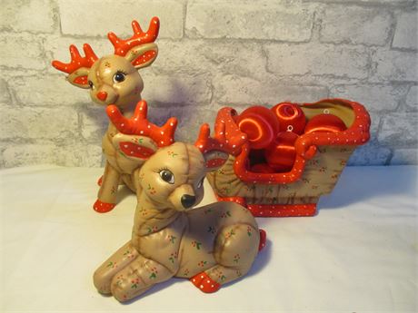 3 Piece Cute Ceramic Deers and Sleigh
