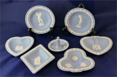 Wedgwood Blue Jasperware, Card Deck Suits/ His & Her Golfer/ Ring Holder