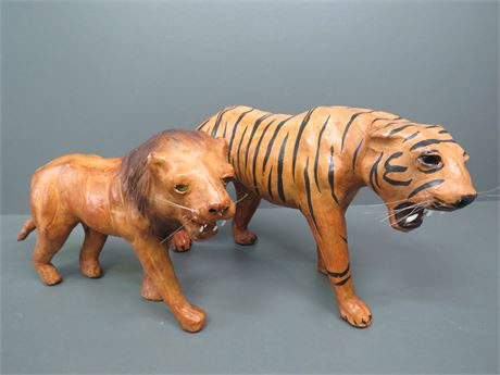 Lion & Tiger Leather Wrapped Paper Mache Sculptures