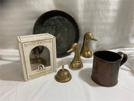 Bronze Garden Faucet/ Copper Pitcher/ Desk Bell/ Brass Bookends/ Basin/ Lot of 5