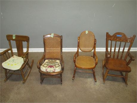 4 Piece Set of Children Antique Rocking Chairs with Cushions