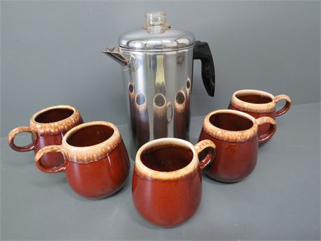 Vintage Farberware Perculator / McCoy Brown Drip Coffee Mugs