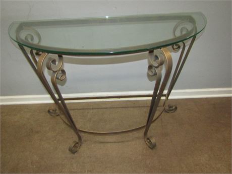 Iron Detailed Half Moon Side Key Table with Thick Glass Top