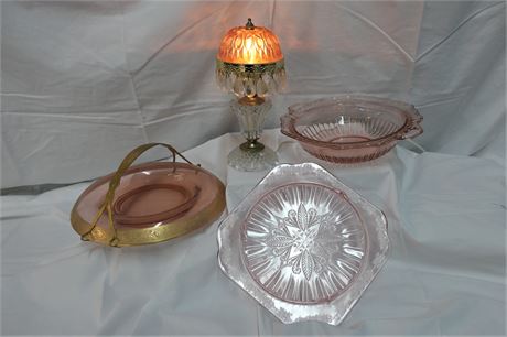 Pink Glass Serving Set with Victorian Table Lamp