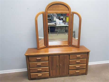 Broyhill Oak Dresser with Trifold Mirror