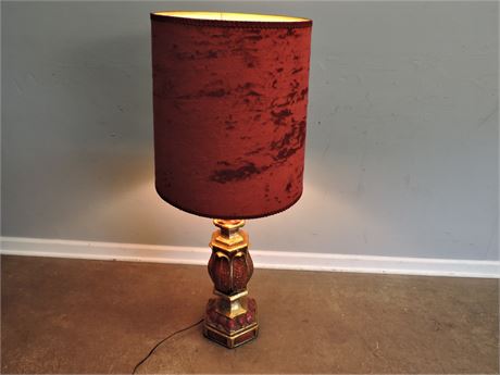 Vintage Large Red and Gold Tone Table Lamp / Crushed Velvet Shade
