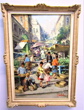 Original Oil On Canvas Painting, Street Market