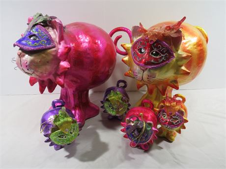 Whimsical Mardi Gras Masked Cat Figural Sculptures